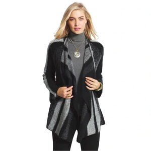 Chico’s Emma Striped Cardigan Wool Blend Cozy Black & Gray Draped Open-Front